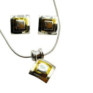 Sterling Silver Made In Mexico 2 Tone Earring And Necklace Set Square Unique